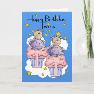 Twin Girl 1st Birthday Card, With Cupcake Bears Card