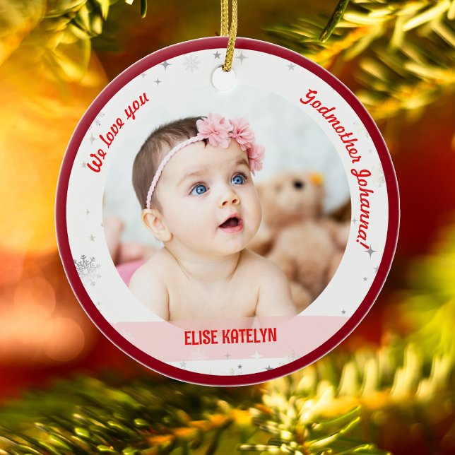 Twin Girl Boy Photo Godmother First Christmas Baby Ceramic Ornament (Cute Modern Elegant Personalized First Christmas We love Godmother Twin Babies Girl Boy 2 Photos)