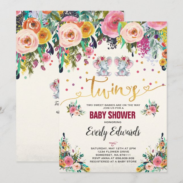 Twin Girl Elephant Baby Shower Invitation (Front/Back)