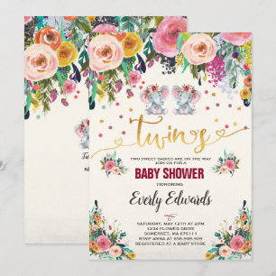 Twin Girl Elephant Baby Shower Invitation