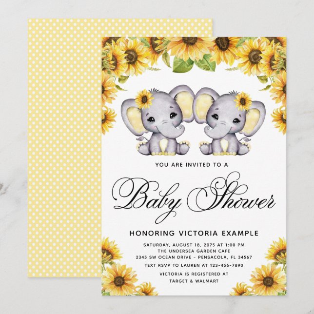 Twin Girl Elephant Sunflower Baby Shower Invitation (Front/Back)