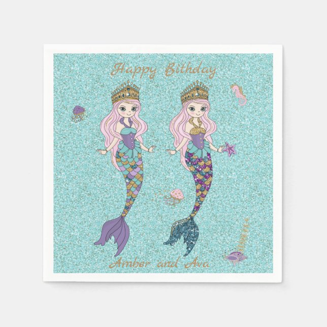 Twin Girl Mermaid Birthday Party Napkins (Front)