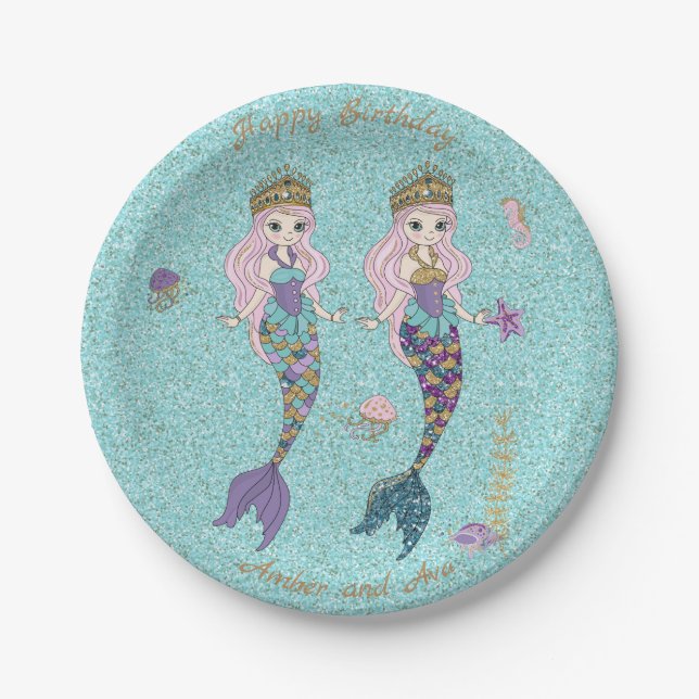 Twin Girl Mermaid Birthday Party Plates (Front)
