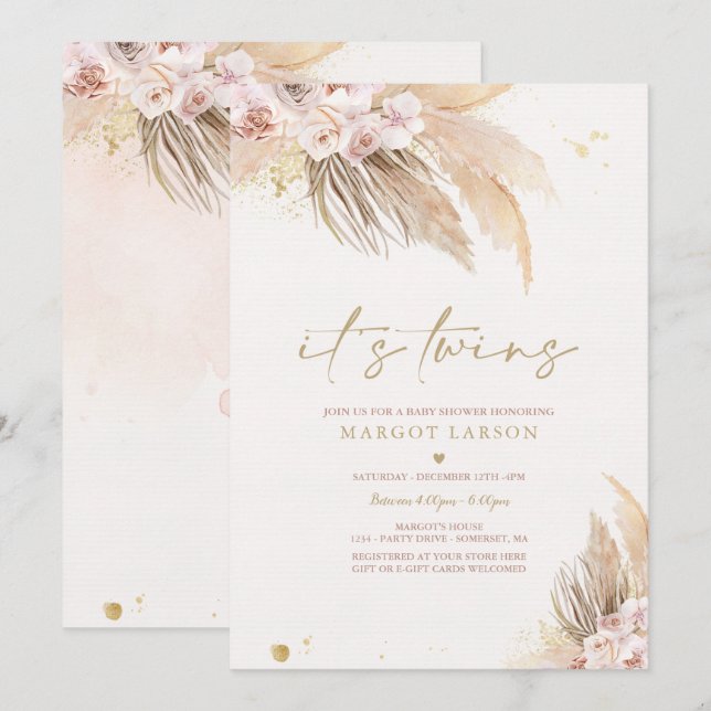 Twin Girl Pampas Grass Bohemian Desert Baby Shower Invitation (Front/Back)