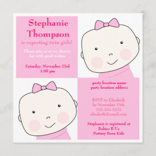 Twin Girl Pink Blocks Baby Shower Invitation