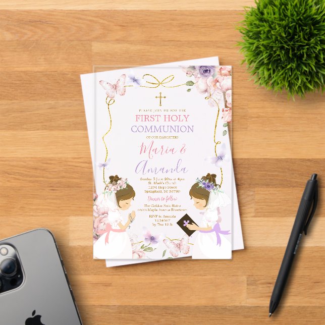 Twin Girl Pink Purple Butterfly 1st Holy Communion Acrylic Invitations (Insitu (Invitation Card))
