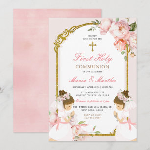 TWIN Girl Praying First Holy Communion Pink Floral Invitation