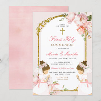 TWIN Girl Praying First Holy Communion Pink Floral Invitation