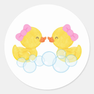 Twin Girl Watercolor Rubber Duck Round Stickers
