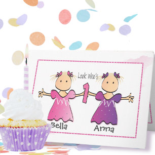 Twin Girls 1st Sweet Cute Birthday Card