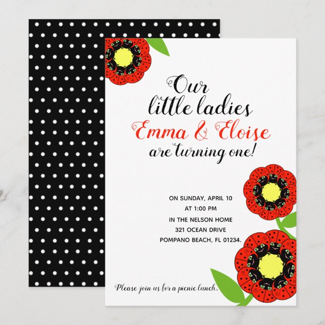 twin girls ANY AGE ladybug BIRTHDAY PARTY picnic Invitation (Front/Back)