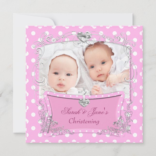 Twin Girls Baby Christening Baptism Pink Announcement (Front)