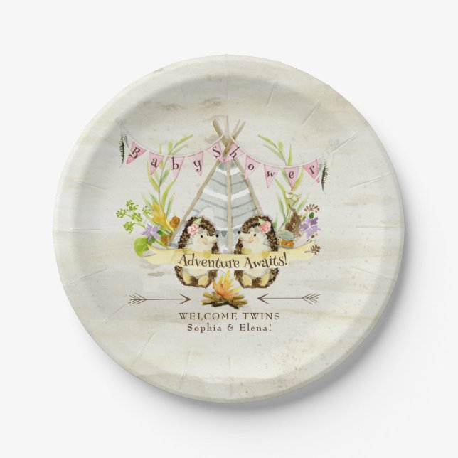 Twin Girls Baby Shower Hedgehog Birch Bark BOHO Paper Plate (Front)