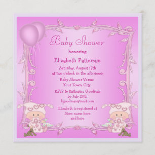 Twin Girls & Balloons Pink Baby Shower Invitation