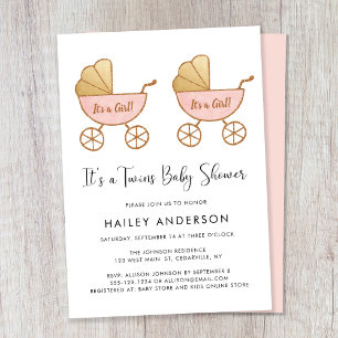 Twin Girls Carriage Watercolor Baby Shower Invitation