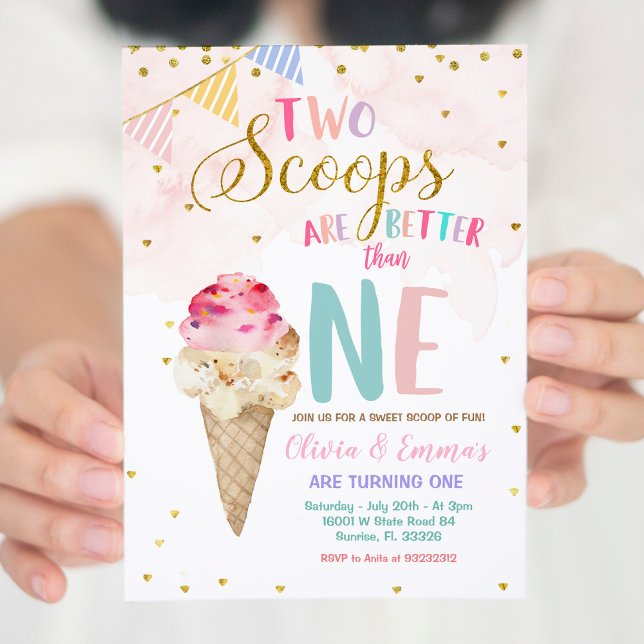 Twin Girls Cone Ice Cream Invitation Anniversaire (Créateur téléchargé)