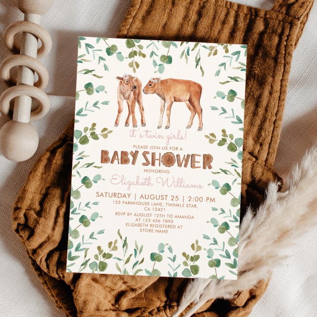 Twin Girls Cute Baby Bison Baby Shower Invitation (Creator Uploaded)