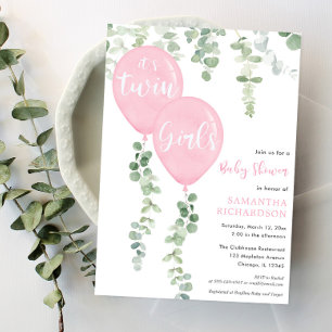 Twin girls eucalyptus pink balloons baby shower invitation