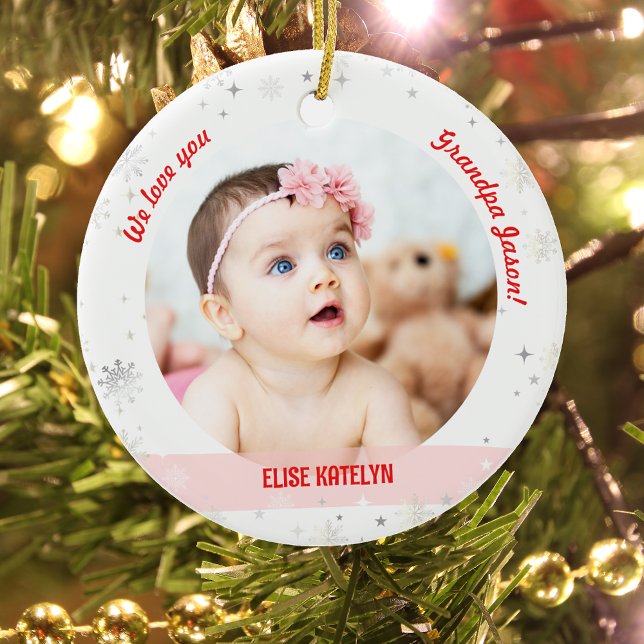 Twin Girls Photo Grandpa Cute First Christmas Baby Ceramic Ornament (Modern We love you, Grandpa! First Christmas as Grandfather of Twin Baby Girls. 2 Photos. Snowflakes)