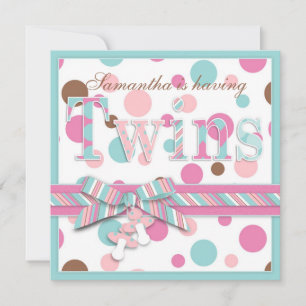 TWIN GIRLS Pink Aqua Brown Dots Baby Shower Invitation