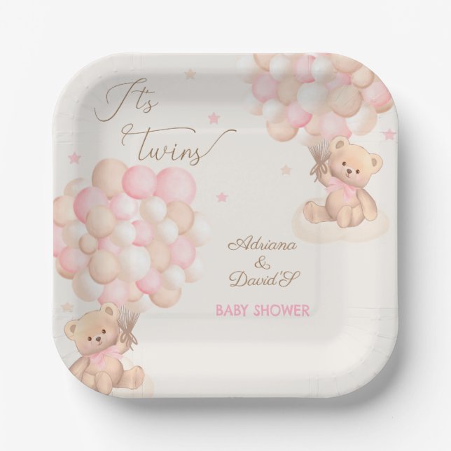 Twin Girls Pink Bear Balloons Baby Shower Paper Plate (Front)
