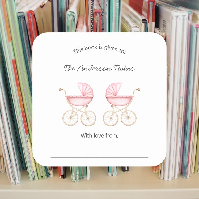 Twin girls pink carriages Baby Shower Square Sticker (Creator Uploaded)