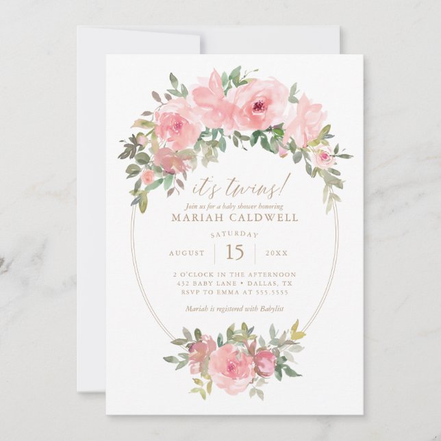 Twin Girls Pink Gold Floral Greenery Baby Shower Invitation (Front)