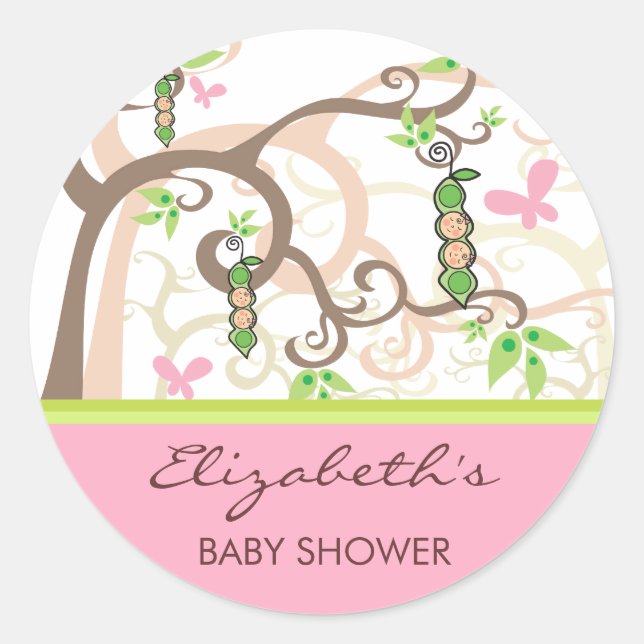 Twin Girls Pink Peas In A Pod Baby Shower Sticker (Front)