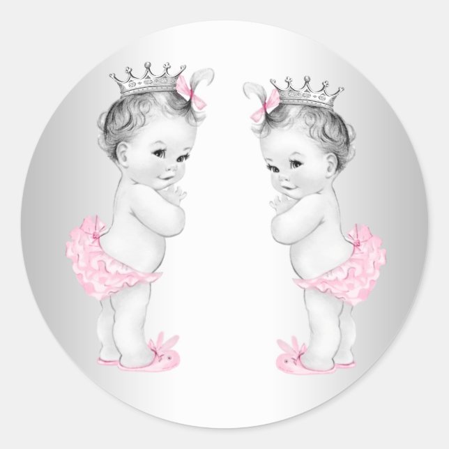 Twin Girls Pink Princess Baby Shower Stickers (Front)