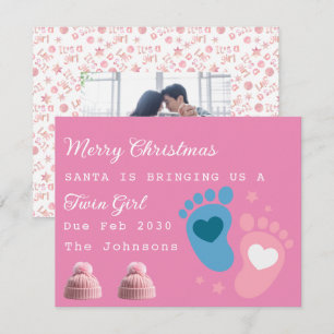 Twin Girls pink White Merry Christmas Holiday Card