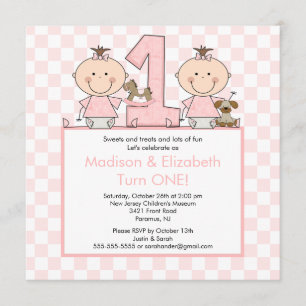 Twin Girls Stick Figure Twins Birthday Invitation