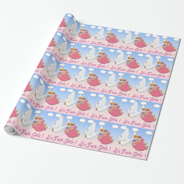 Twin Girls Stork Baby Shower Wrapping Paper (Unrolled)