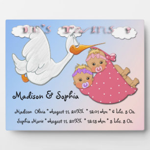Twin Girls - Stork Keepsake Plaque With Easel