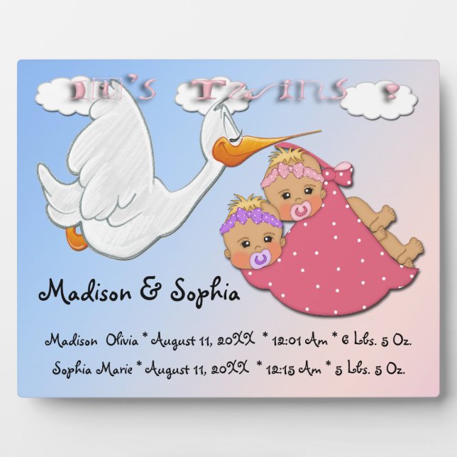 Twin Girls - Stork Keepsake Plaque With Easel (Front)