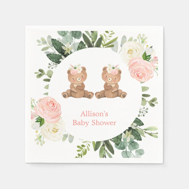 Twin girls teddy bear pink floral baby shower  napkin (Front)