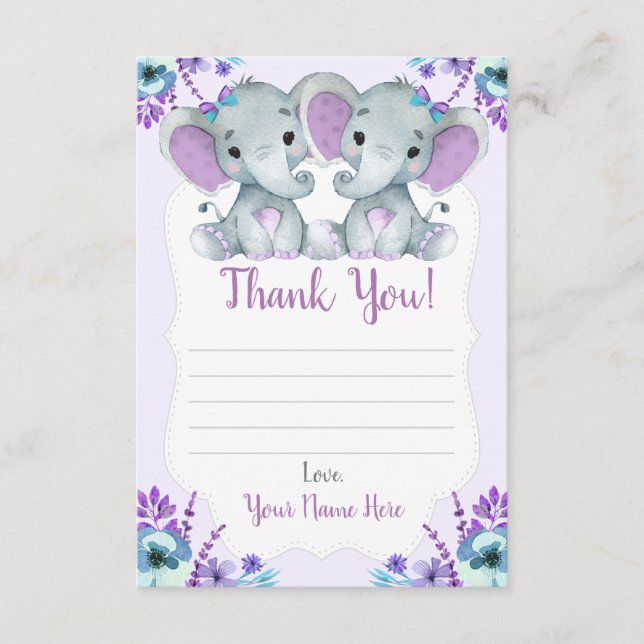 Twin Girls Thank You Cartes with Elephants Flowers (Devant)