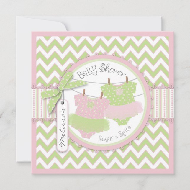 Twin Girls Tutus Chevron Print Baby Shower Invitation (Front)