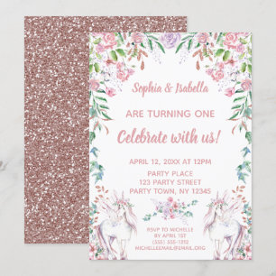 Twin Girls Unicorn Glitter First Birthday Invitation