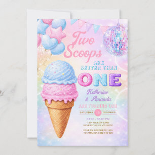 Twin Glitter Pastel Rainbow Ice Cream Birthday Invitation
