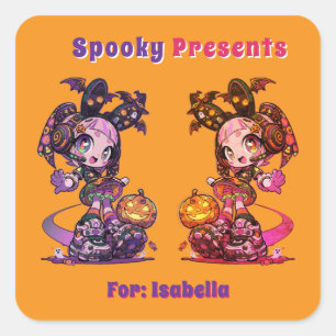 Twin Goth Kawaii Spooky Anime Girl Halloween Square Sticker