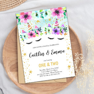 Twin Green Floral Unicorn Invitations