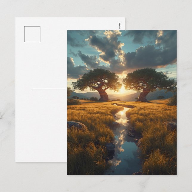 Twin Guardians – Golden Meadow Sunset Postcard (Front/Back)