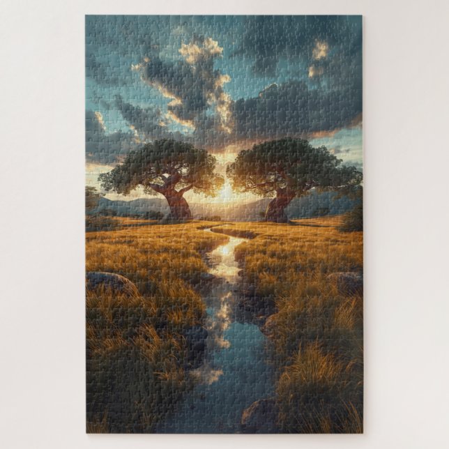 Twin Guardians – Golden Meadow Sunset Puzzle (Vertical)