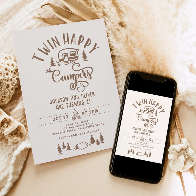 Twin Happy campers Boy forest 1st birthday Invitation (Creator Uploaded)