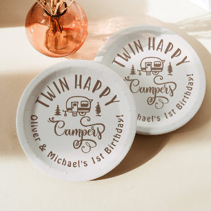Twin Happy Campers brown minimalist 1st birthday Paper Plate