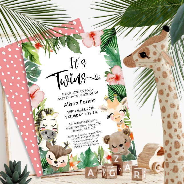 Twin Jungle Safari Tropical Greenery Baby Shower Invitation (Creator Uploaded)