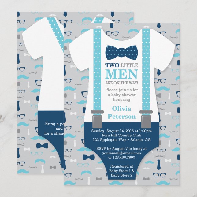 Twin Little Men Baby Shower Invitation, Blue, Grey Invitation (Front/Back)