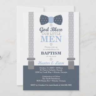 Twin Little Men Baptism Invitation, Blue, Grey Invitation