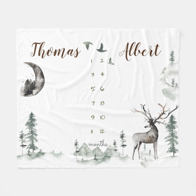 Twin Milestone watercolor woodland forest Fleece Blanket (Front (Horizontal))