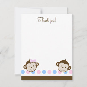 Twin Mod Monkeys boy/girl 4x5 Flat Thank you note Card